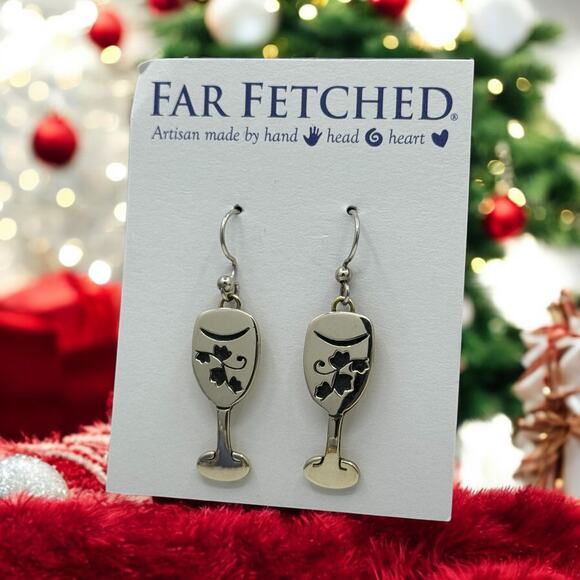 Far Fetched Silver Wine Glass Goblet Dangle Earrings Cutout Vine Design Artisan - Picture 2 of 4